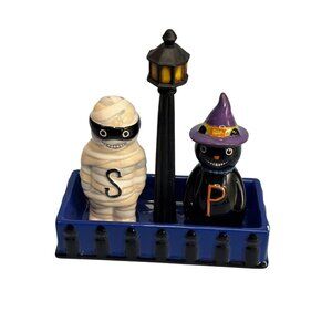 Halloween Mummy & Cat Salt & Pepper Shakers With Lamp Post Holder Ceramic Set 5"